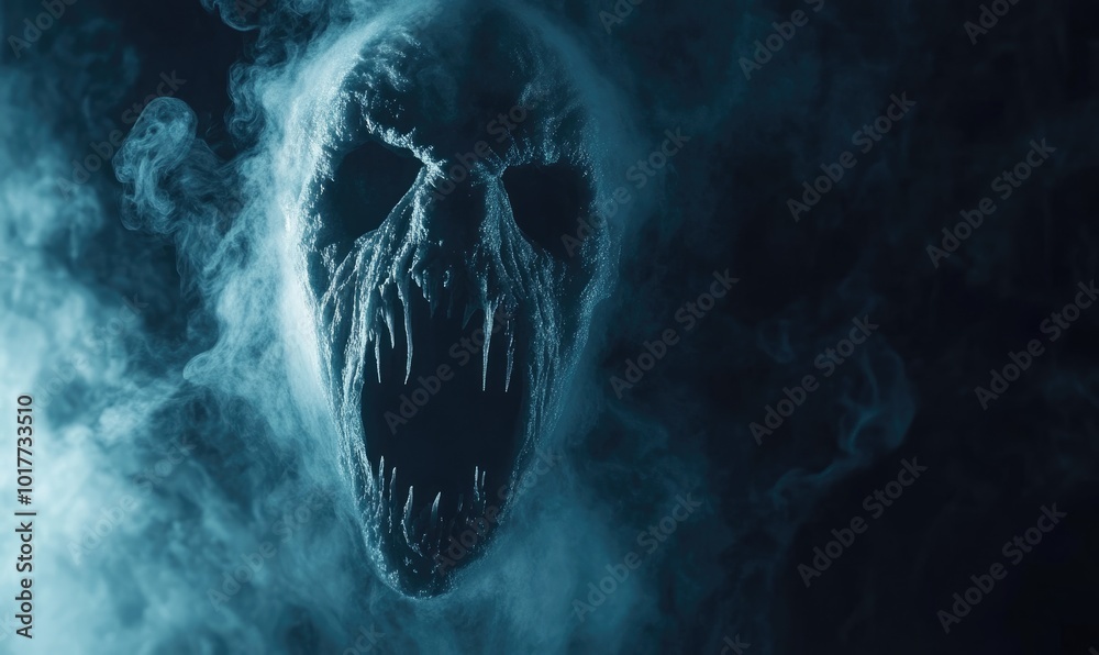Horror flying on the wings of night, creepy ghost flying out of smoke and fog. Halloween atmosphere postcard, poster, Horror flying on the wings of night, creepy ghost flying out of smoke and fog. Halloween atmosphere postcard, poster,