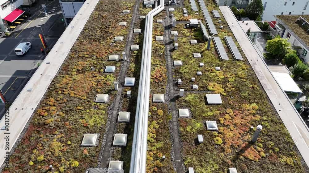aerial of environmentally friendly Swiss green roof planted with micro garden foliage for better insulation and eco-aware native aerial of environmentally friendly Swiss green roof planted with micro garden foliage for better insulation and eco-aware native
