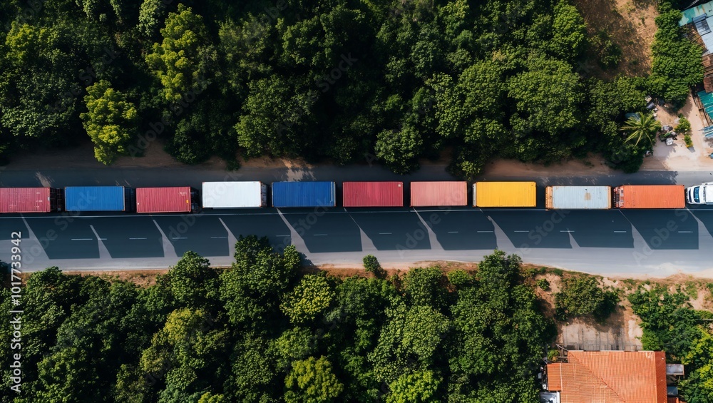 A Vibrant Array of Containers: Capturing the Intriguing Dance of Colors Along a Lush Green Roadside in an Aerial Perspective of Transport and Nature's Beauty. A Vibrant Array of Containers: Capturing the Intriguing Dance of Colors Along a Lush Green Roadside in an Aerial Perspective of Transport and Nature's Beauty.