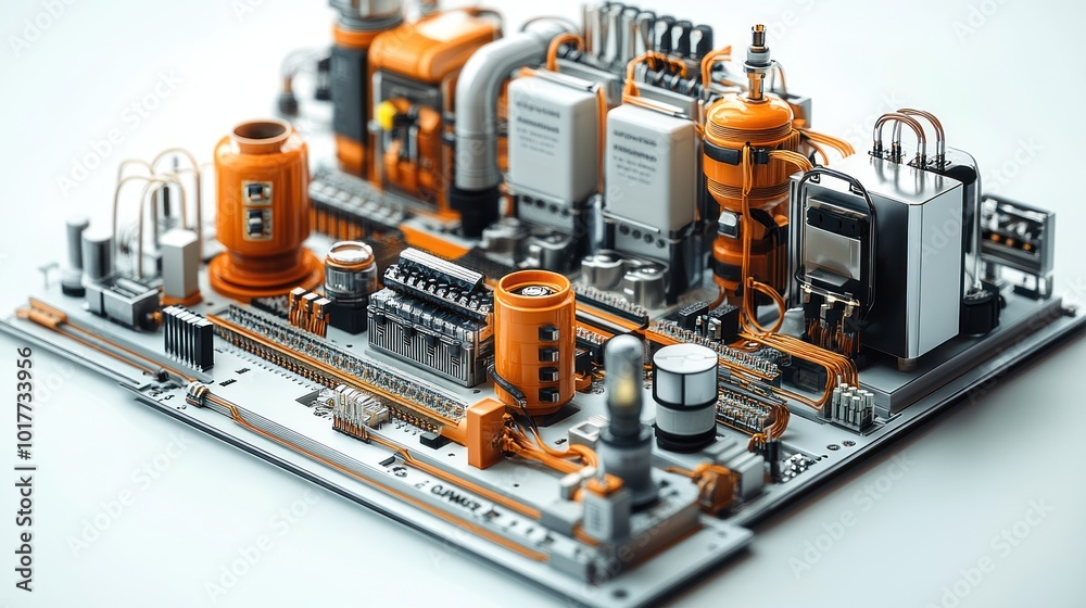 A miniature factory of technological components. A miniature factory of technological components.