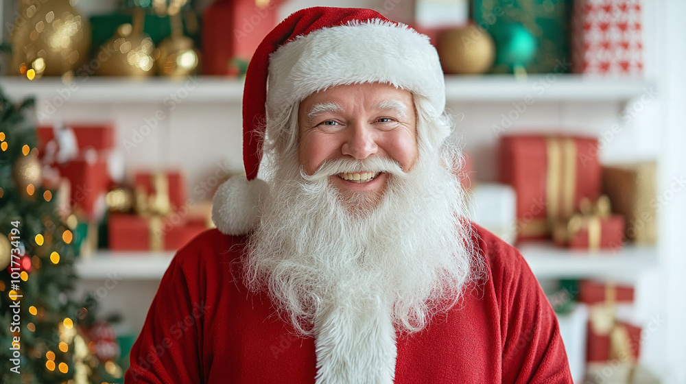 Smiling Santa Claus with a bunch of gift boxes behind him