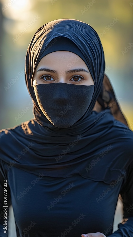 Portrait of a Woman in a Black Hijab and Face Mask