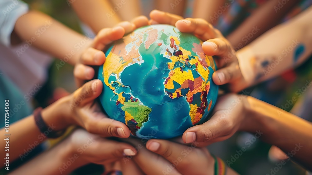 Group of children holding a globe in their hands, symbolizing unity and care for the planet.