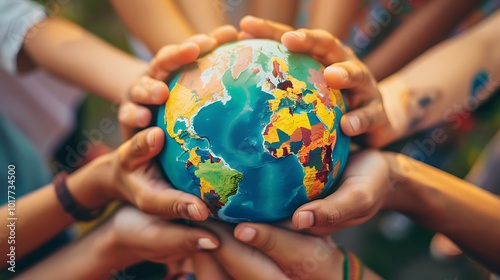 Group of children holding a globe in their hands, symbolizing unity and care for the planet.
