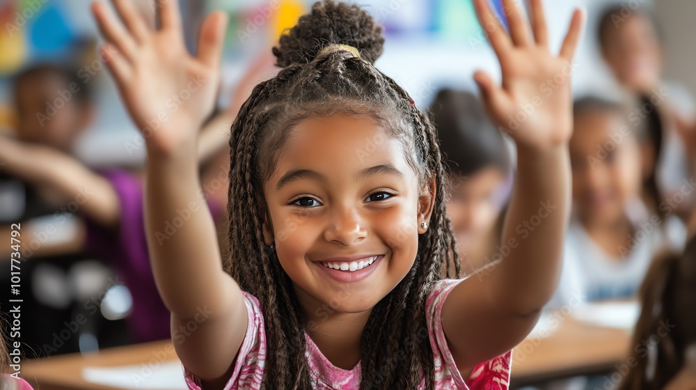 A young girl raises her hand in class with a big smile on her face. A young girl raises her hand in class with a big smile on her face.