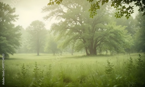 Green foliage and a lush meadow with a blurred background, creating a tranquil, natural scene