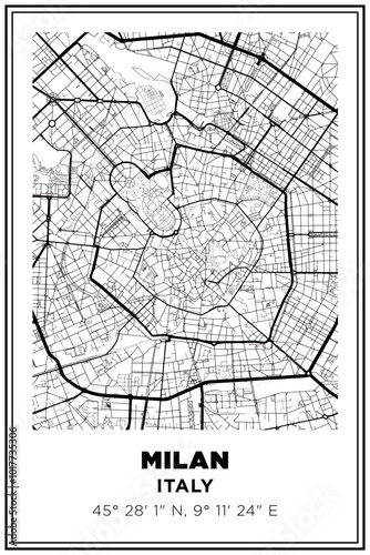 Black and white printable Street map art Milan city, Italy. Travel poster with coordinates, poster design, Modern Poster Wall Art Home Decor Ready to Printable