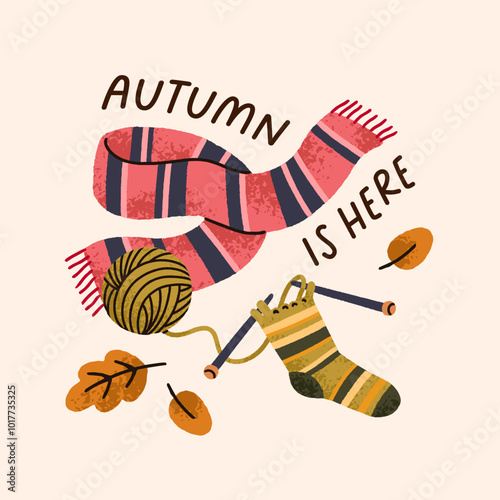 Knitting handicraft, autumn square card. Warm socks and woolen scarf, wool ya...