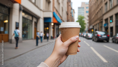 A brown coffee cup is held by a person standing on the sidewalk of a busy street. photo