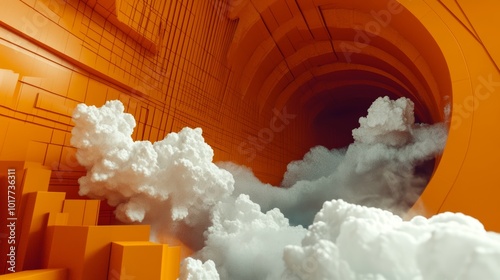 Exploring a Futuristic Digital Environment with Abstract Shapes and Cloud Textures