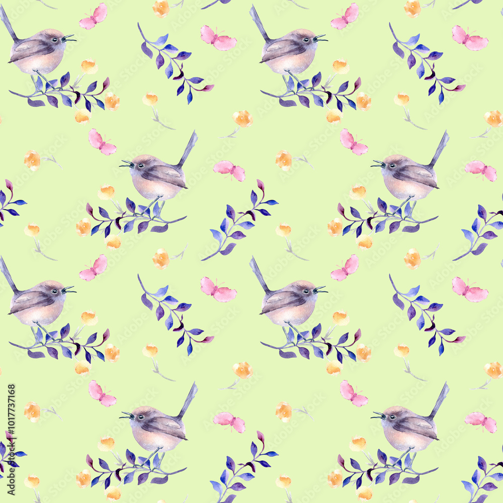 Fototapeta premium Small round bird in pastel purples on branch watercolor seamless pattern isolated. Repeated background with tiny bird butterfly and flower sketch hand drawn. Bird nature art design for wallpaper.