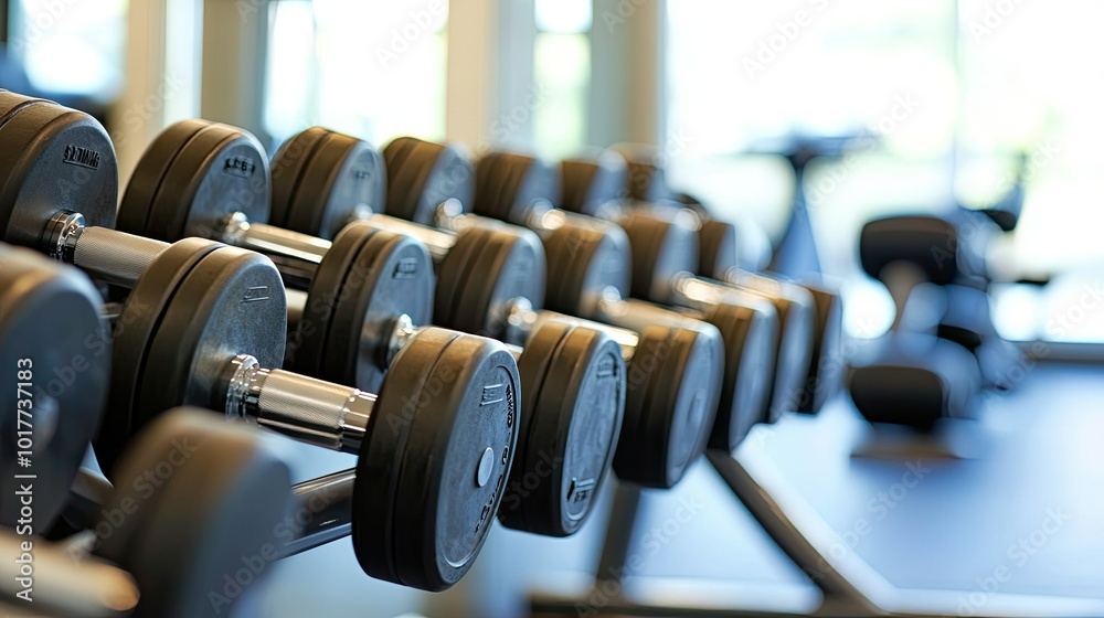 A low-angle view of a row of shiny steel dumbbells on a rack in a bright fitness studio, emphasizing the orderly arrangement and metallic details