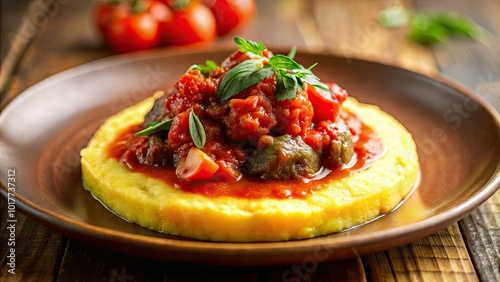 Tilt-shift photography showcases a delectable dish of polenta topped with savory meat and rich tomato sauce, capturing the essence of culinary delight from above.