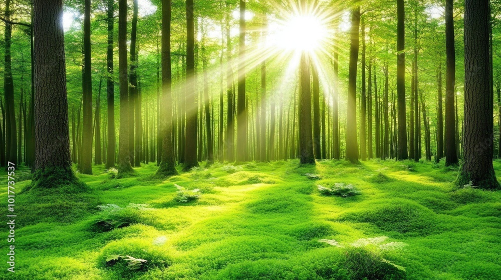Naklejka premium A lush green forest with moss and fern underfoot, illuminated by sun rays piercing through the spruce trees, Deister, Lower Saxony --chaos 70