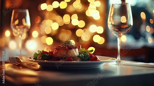 A luxurious dinner setting featuring an artfully plated entrae in a sleek, upscale restaurant. Soft, golden bokeh lighting creates a warm and inviting atmosphere. photo