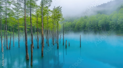 A misty morning at Hokkaido's Blue Pond, the blue waters and tree trunks veiled in light fog, adding mystery and beauty to the serene landscape.