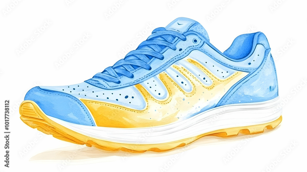 Watercolor Illustration of a Blue and Yellow Sneaker with White Sole Watercolor Illustration of a Blue and Yellow Sneaker with White Sole
