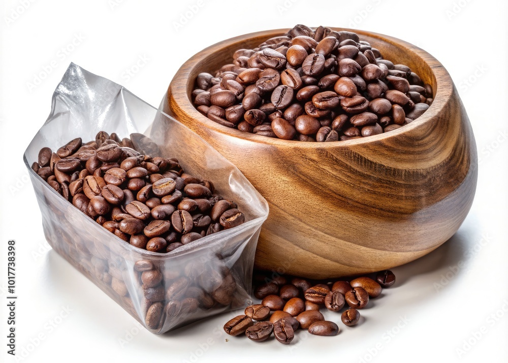 Fototapeta premium Vacuum-sealed plastic foil bag with zipper and wooden bowl showcasing roasted coffee beans, elegantly displayed on a white background for a clean, modern aesthetic.