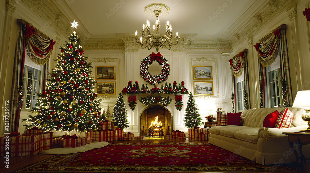 custom made wallpaper toronto digitalA cozy Christmas living room featuring a decorated tree, stockings, and festive decorations for a warm holiday atmosphere.