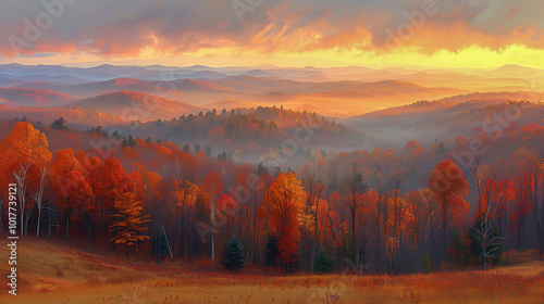 Sunset over misty autumn forest and rolling hills..