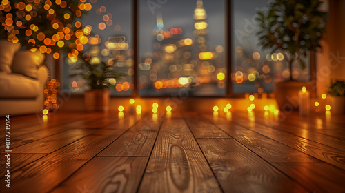 Cozy Living Room with Warm Lights and City Skyline View..