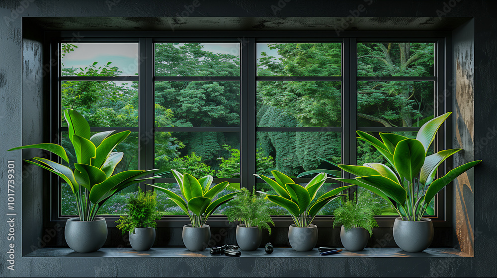 Lush Green Plants on a Modern Windowsill with Forest View.. Lush Green Plants on a Modern Windowsill with Forest View..