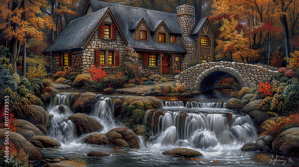 Fototapeta premium Cozy Stone Cottage by a Waterfall in an Autumn Forest..
