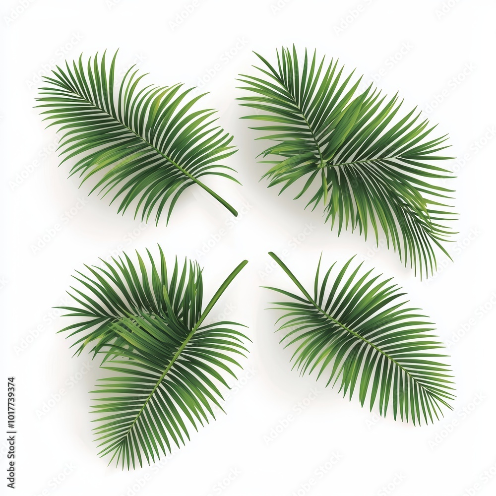 Collection of green palm leaves arranged on a white background, perfect for tropical-themed designs.
