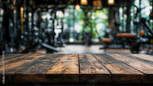 A rustic wooden table placed in front of a blurred gym filled with fitness equipment, perfect for showcasing workout products or equipment displays