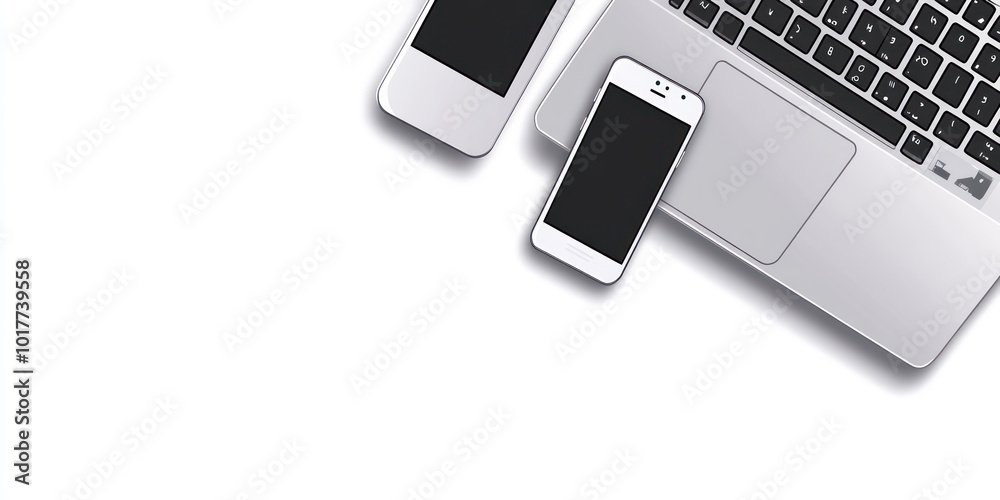 A laptop and two smartphones on a white surface, emphasizing technology and connectivity. A laptop and two smartphones on a white surface, emphasizing technology and connectivity.