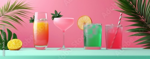 Tropical Summer Drinks Colorful Cocktails Pink Green Palm Leaves Refreshing Beverage
