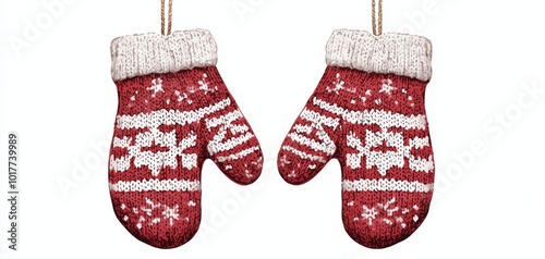 Cozy red mittens with a festive white pattern, perfect for winter decor and holiday themes. photo