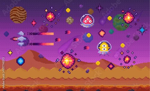 Pixel art style image shows a spaceship surrounded by two alien creatures. Points and power-ups are visible. Used for gaming, pixel art, space adventures, scoring, and retro themes
