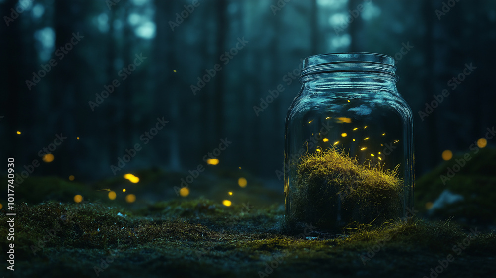 A glowing jar filled with moss and fireflies in a dim forest at night captures the enchanting beauty of nature A glowing jar filled with moss and fireflies in a dim forest at night captures the enchanting beauty of nature