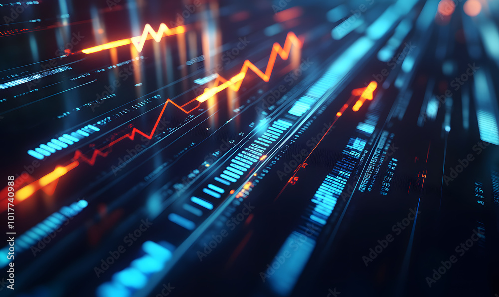 Obraz premium Futuristic financial dashboards and luxury business charts with glowing neon lines, gold accents, and connected nodes for corporate branding.