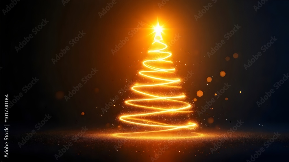 Glowing Christmas Tree with Swirling Lines of Light on Dark Background Glowing Christmas Tree with Swirling Lines of Light on Dark Background