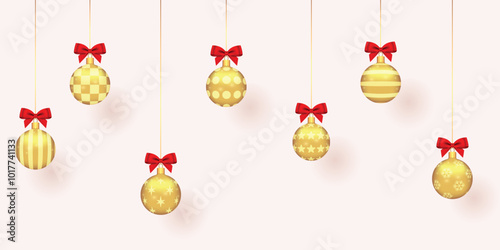Set of different beautiful gold Christmas balls with glitter and red bow on white background. Decorations for Happy New Year and Merry Christmas design. Vector Illustration