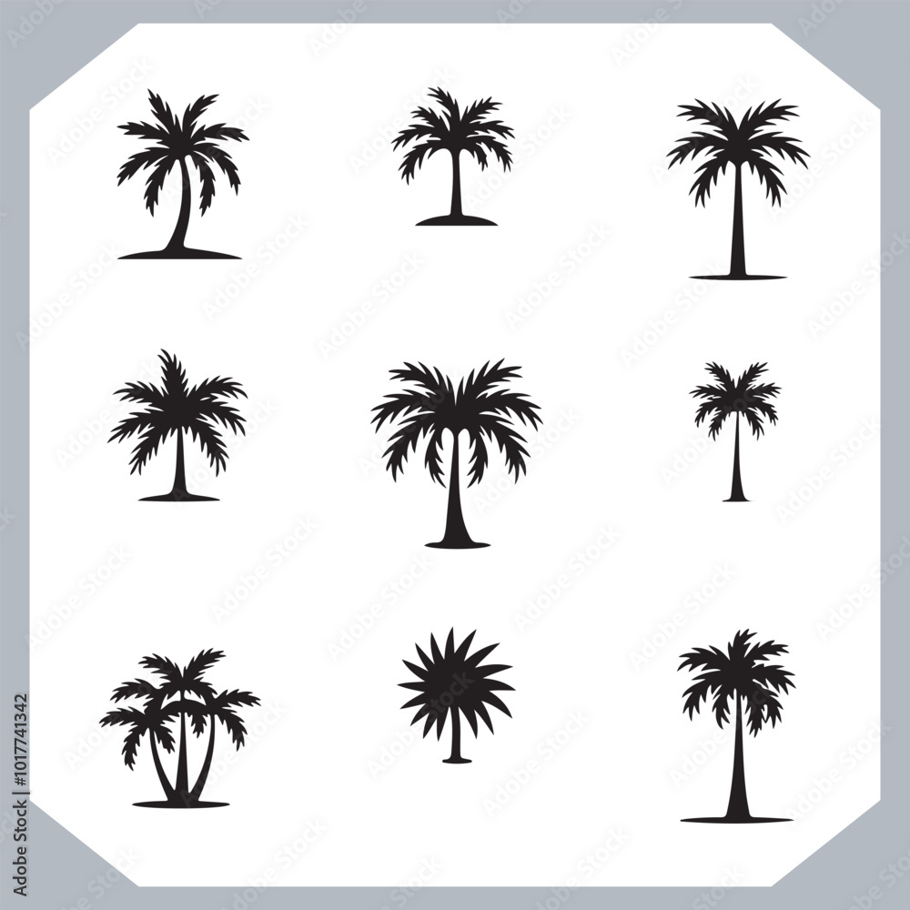 Set of logotype black simple palm tree vector silhouettes, Palm Trees Silhouette, Coconut Tree Silhouette on white background