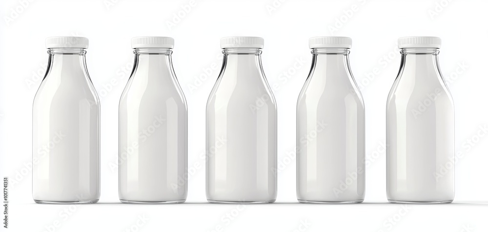 Five glass milk bottles with white liquid, isolated on white background. Five glass milk bottles with white liquid, isolated on white background.