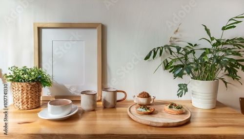 Wallpaper Mural Stylish and sunny interior of kitchen space with small wooden table with mock up photo frame, design cups and tasty dessert. Scandinavian room decor with kitchen accessories and beautiful plants. Torontodigital.ca