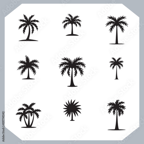 Obraz na płótnie Set of logotype black simple palm tree vector silhouettes, Palm Trees Silhouette, Coconut Tree Silhouette on white background w salonie