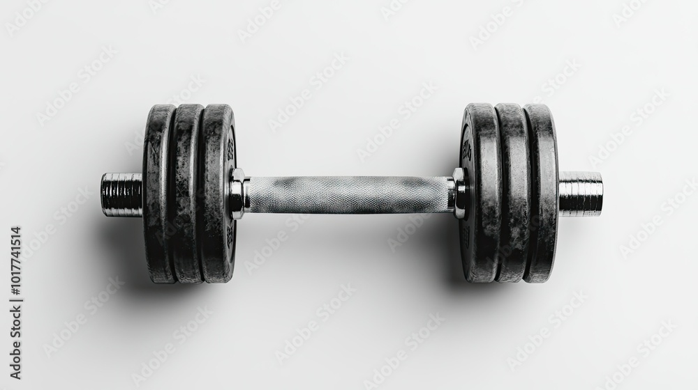 Naklejka premium A top-down view of a steel dumbbell centered on a white background, showcasing the smooth, polished metal of the plates and grip in sharp detail