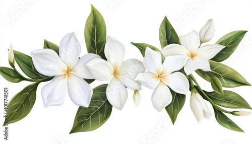 Four delicate white flowers with green leaves on isolated background.