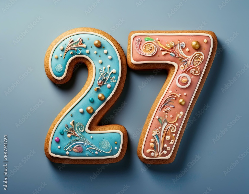 Decorated cookie, number 27, illustration for birthday or anniversary celebration Decorated cookie, number 27, illustration for birthday or anniversary celebration