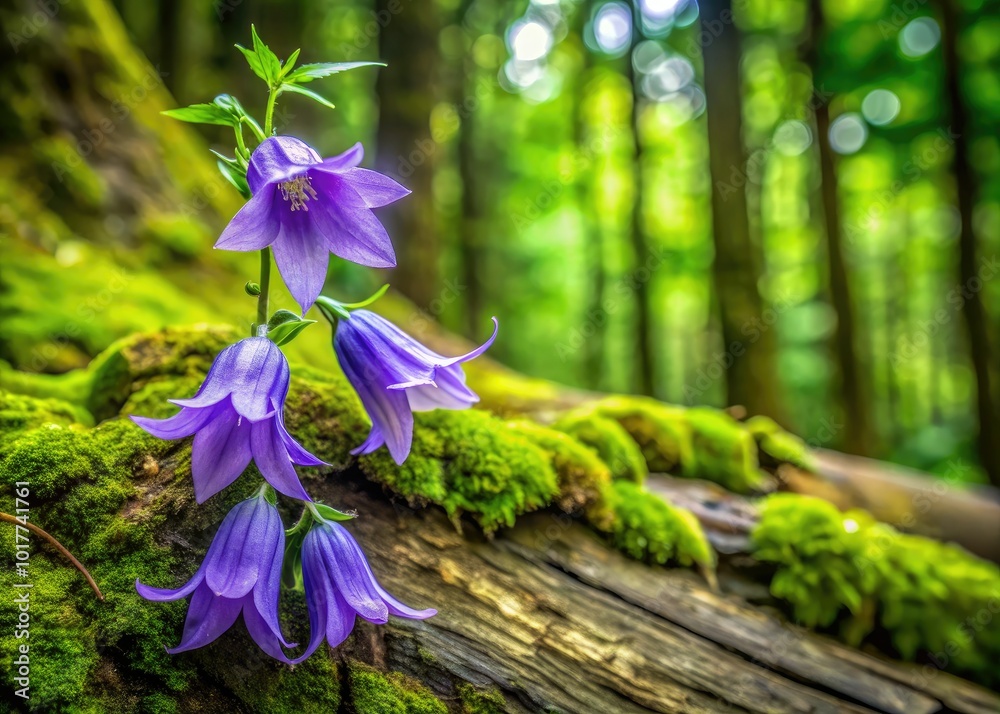Φωτογραφία Violet Bearded Bellflower blooms on an ancient tree trunk, showcasing nature's beauty and serenity in the forest, intricately captured in stunning detail