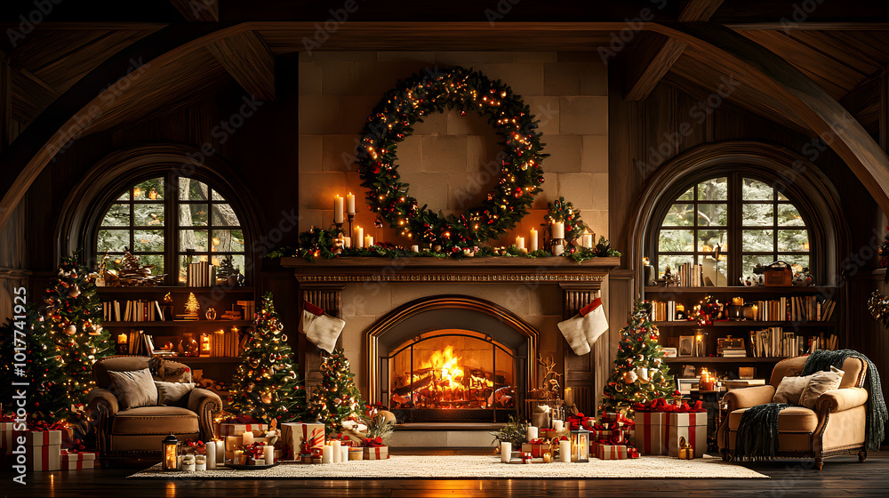 Obraz premium Cozy living room decorated for Christmas with a warm fire, festive wreath, and beautifully wrapped gifts.
