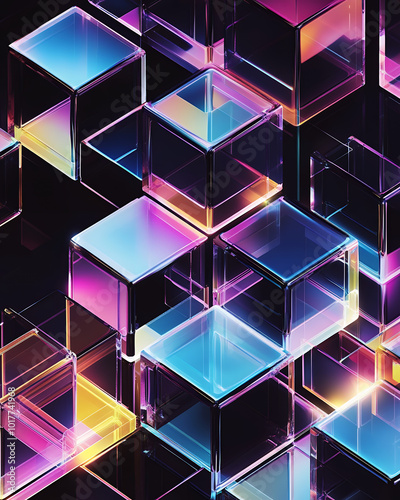 Abstract geometric background featuring colorful glass cubes stacked on a dark surface.