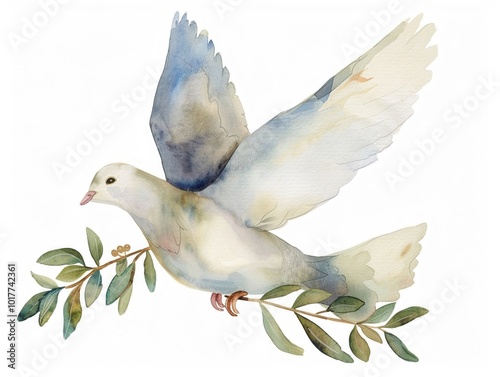 Watercolor illustration of a small dove holding an olive branch clipart