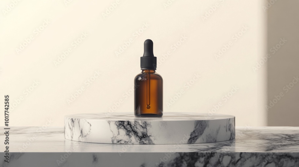 A bottle of face serum designed to fight aging sits on a marble platform. A bottle of face serum designed to fight aging sits on a marble platform.