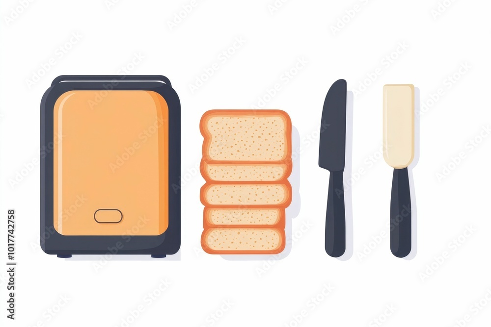 depicting a toaster slices of bread and a butter knife grouped together in a flat clean design style on a white background This simple minimalist graphic can be used for kitchen cooking depicting a toaster slices of bread and a butter knife grouped together in a flat clean design style on a white background This simple minimalist graphic can be used for kitchen cooking